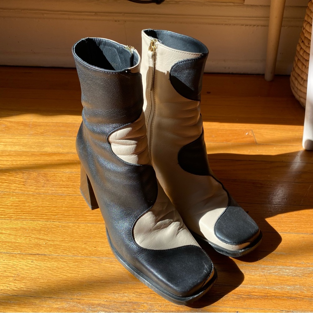 ALOHAS Two-Tone Black and Cream Heeled Ankle Boots